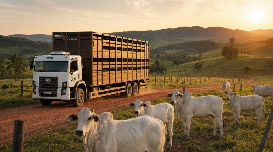 Caminhão boiadeiro da JCM ao lado de bois nelore em pasto ao pôr do sol, transporte de gado vivo