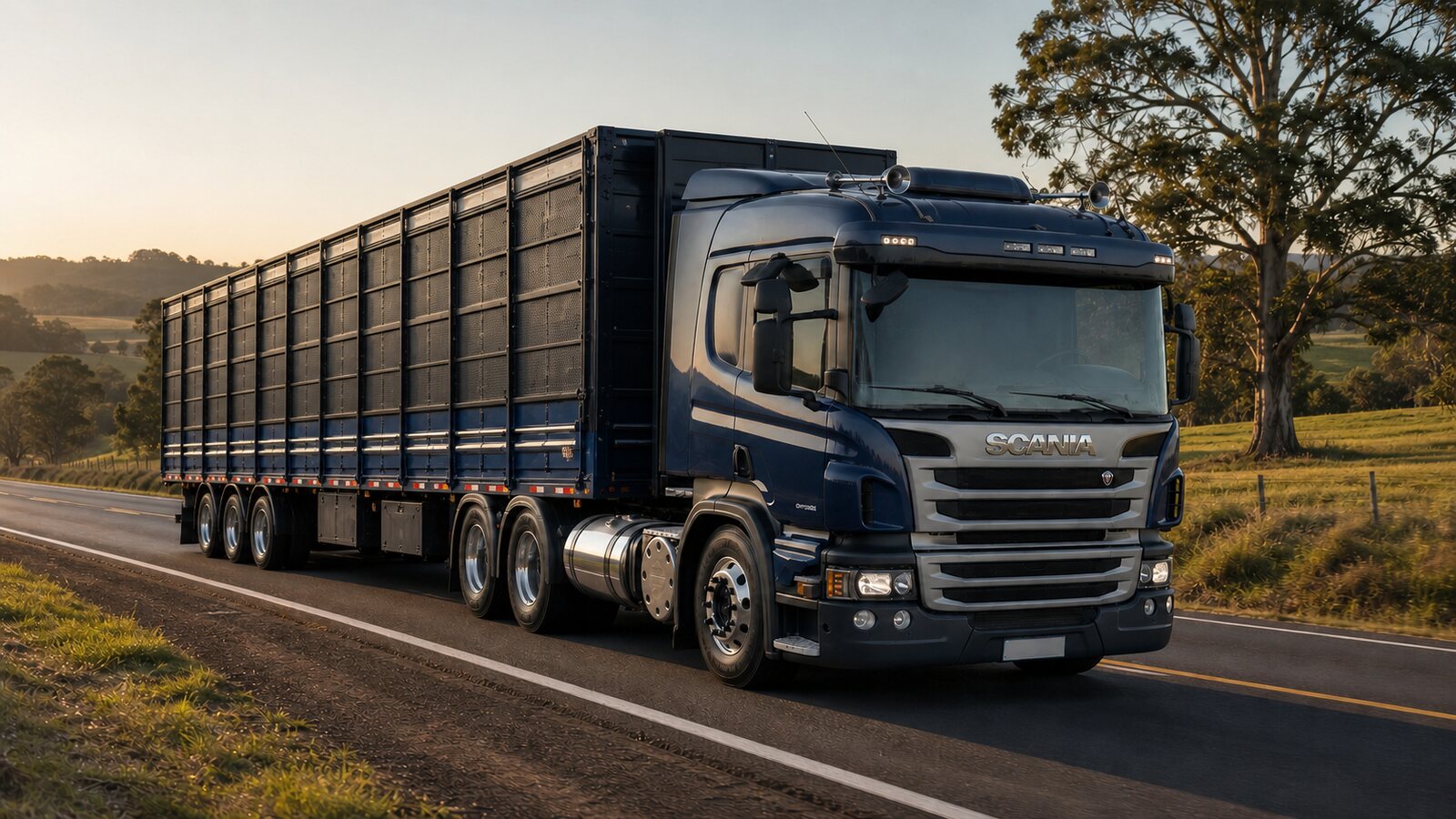 Caminhão Scania azul com carreta alta para transporte regional de carga seca
