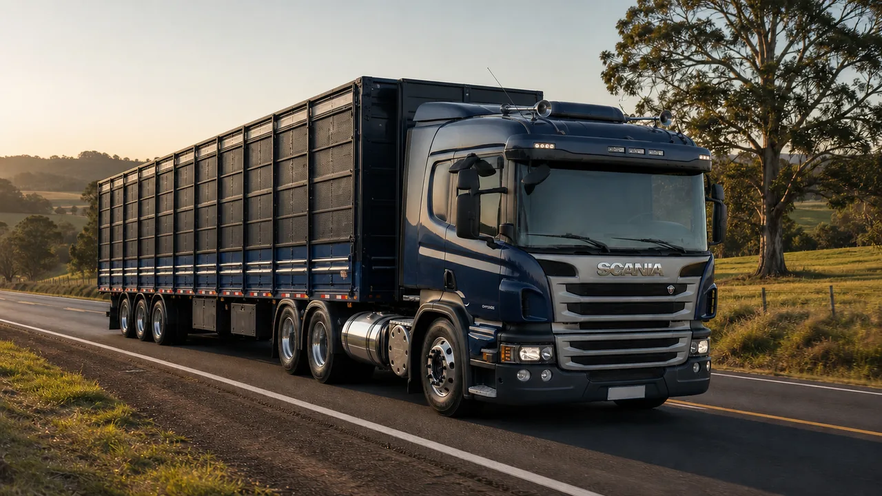 Caminhão Scania azul com carreta para carga seca em rodovia